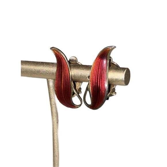 Aksel Holmsen Norway Vintage Red Guilloche Enamel Sterling Silver Vtg Earrings - Picture 4 of 10